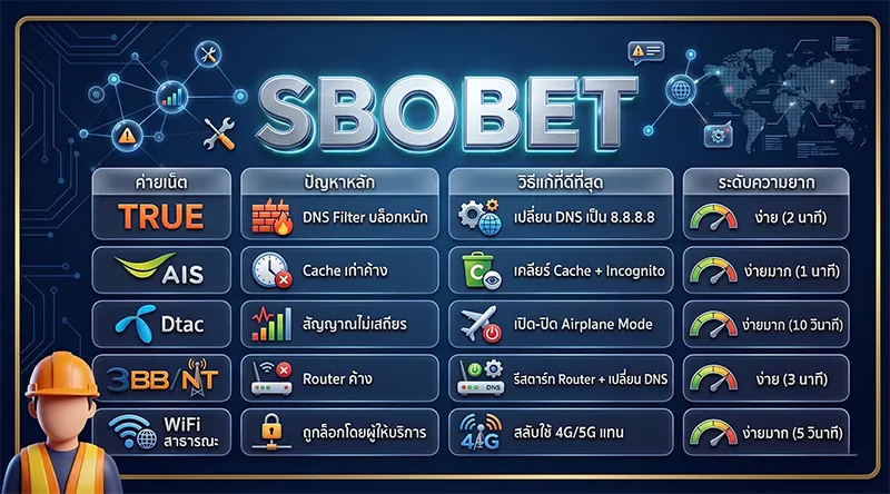 ตารางสรุปวิธีแก้ สโบเบ็ตเข้าไม่ได้ แต่ละค่ายเน็ต 2026