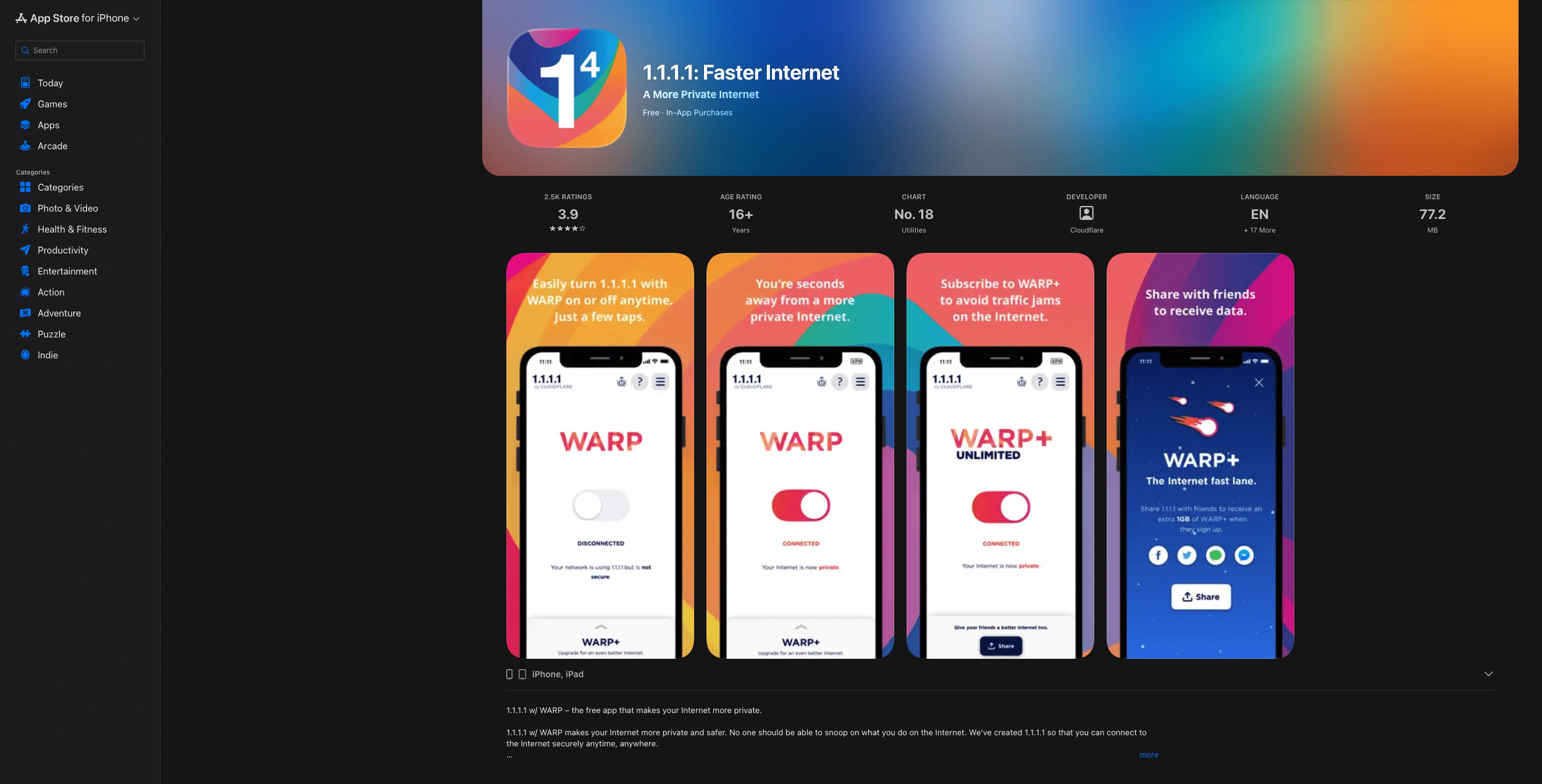 หน้าร้าน App Store ของแอป 1.1.1.1 โดย Cloudflare